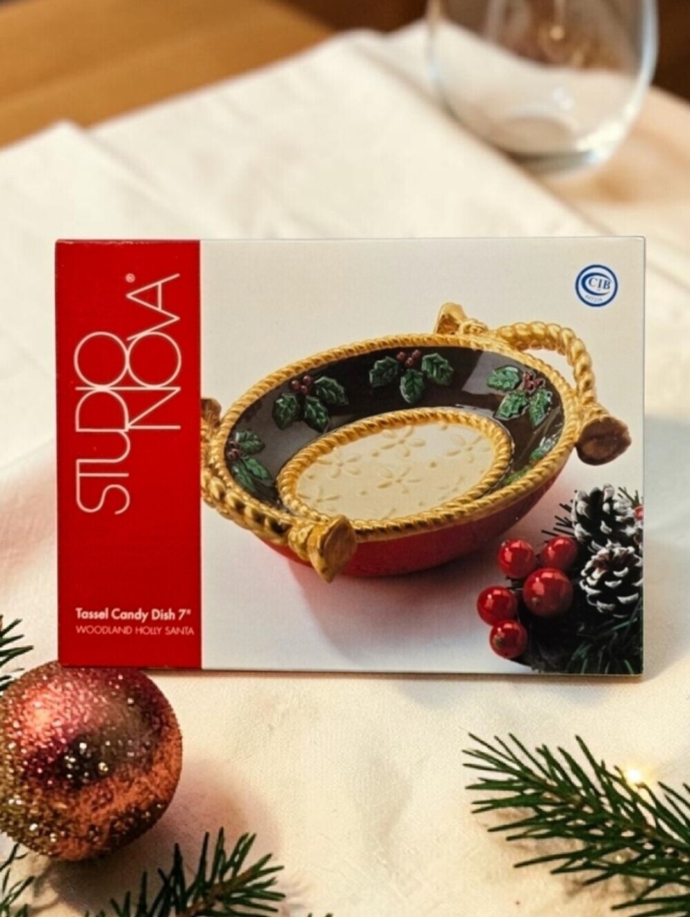 Studio Nova | Woodland Holly Santa 7 inch Ceramic Hand Painted Tassel Candy Dish